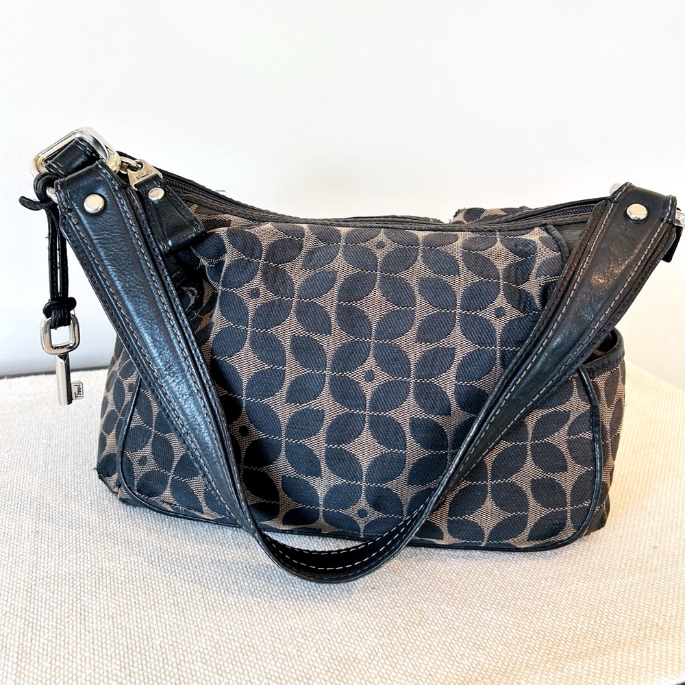 Fossil Vintage Key Leather and Black and Tan Patterned Satchel